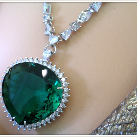 Russian nano green emerald heart shape necklace earring set 18k gold finished - Picture 1 of 5